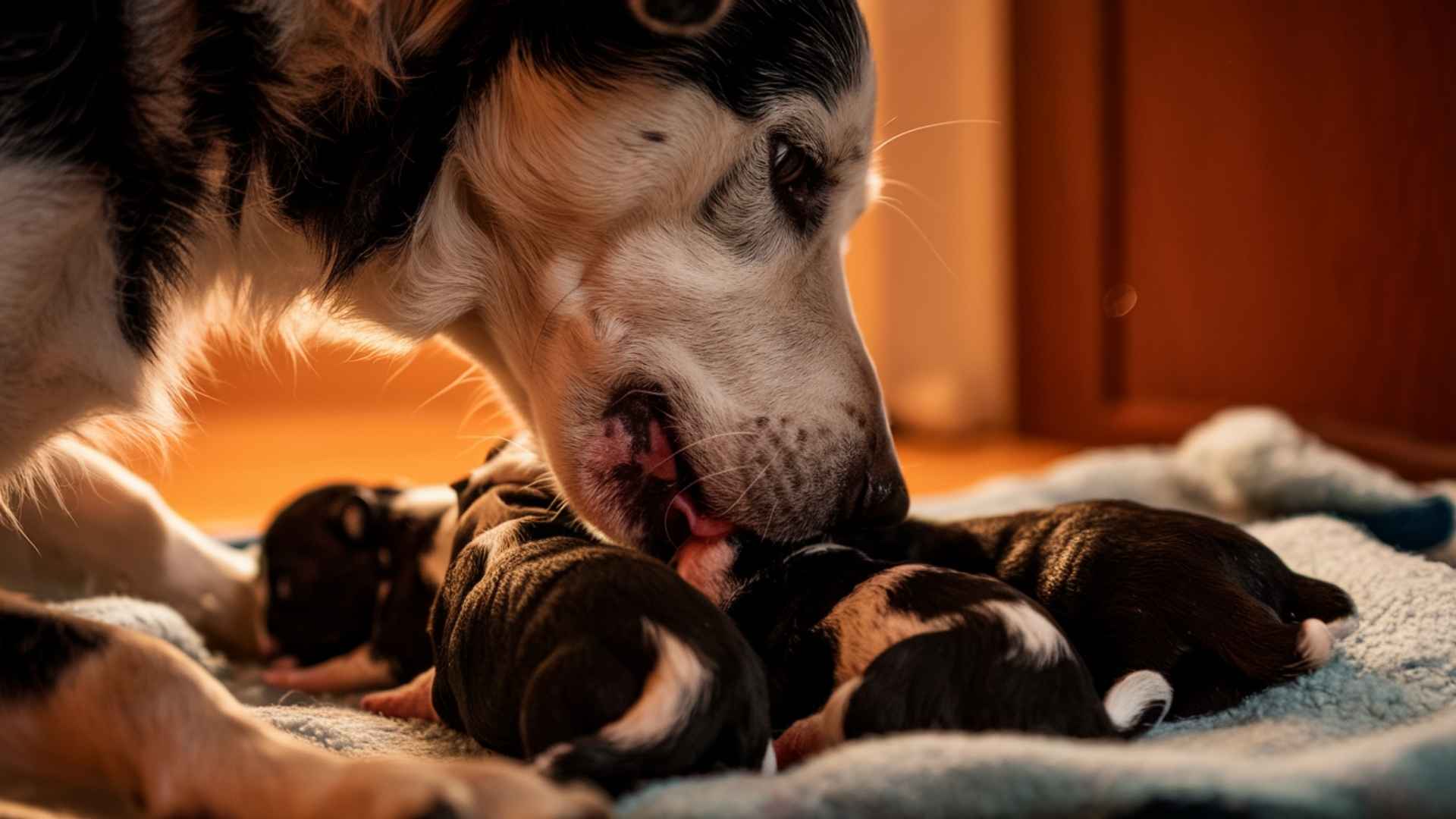 perrita lamiendo a sus cachorros 